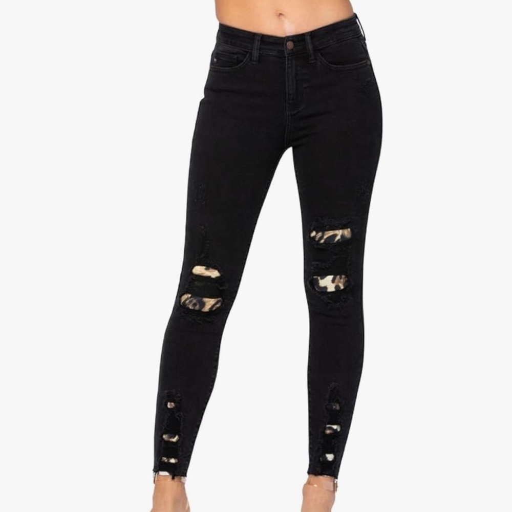 Judy Blue Black Distressed  Leopard Patch Mid-Rise Skinny Jeans Size 29